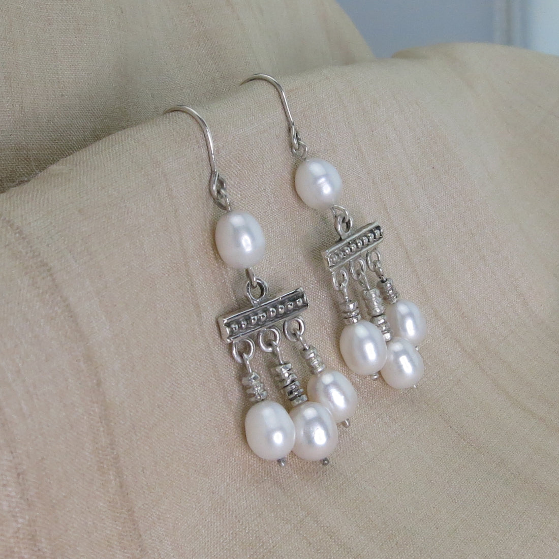 .950 Silver Roman Crotalia Pearl 2.1" Dangle Earrings