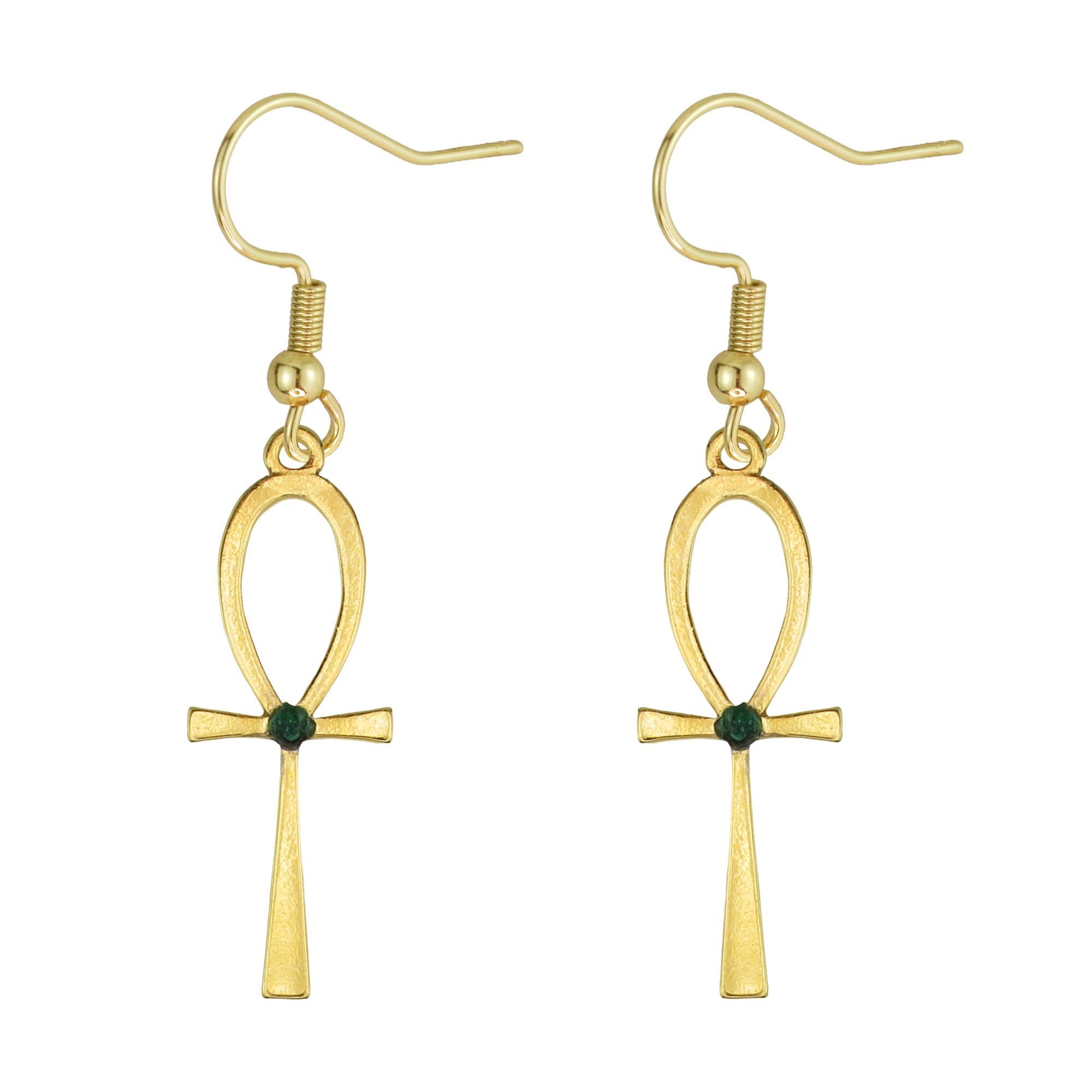 Egyptian Ankh Natural Emerald 24k Gold Plated Earrings