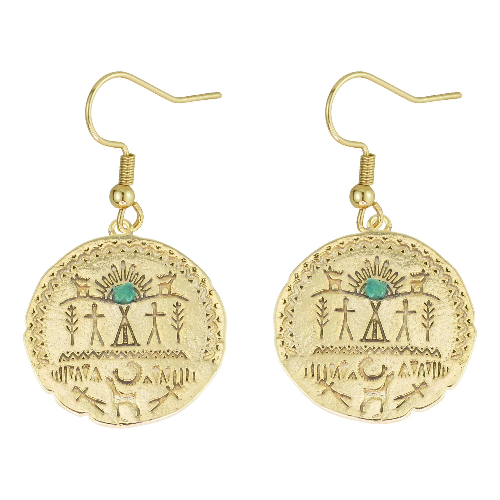 Egyptian Medallion Natural Emerald 24k Gold Plated Earrings