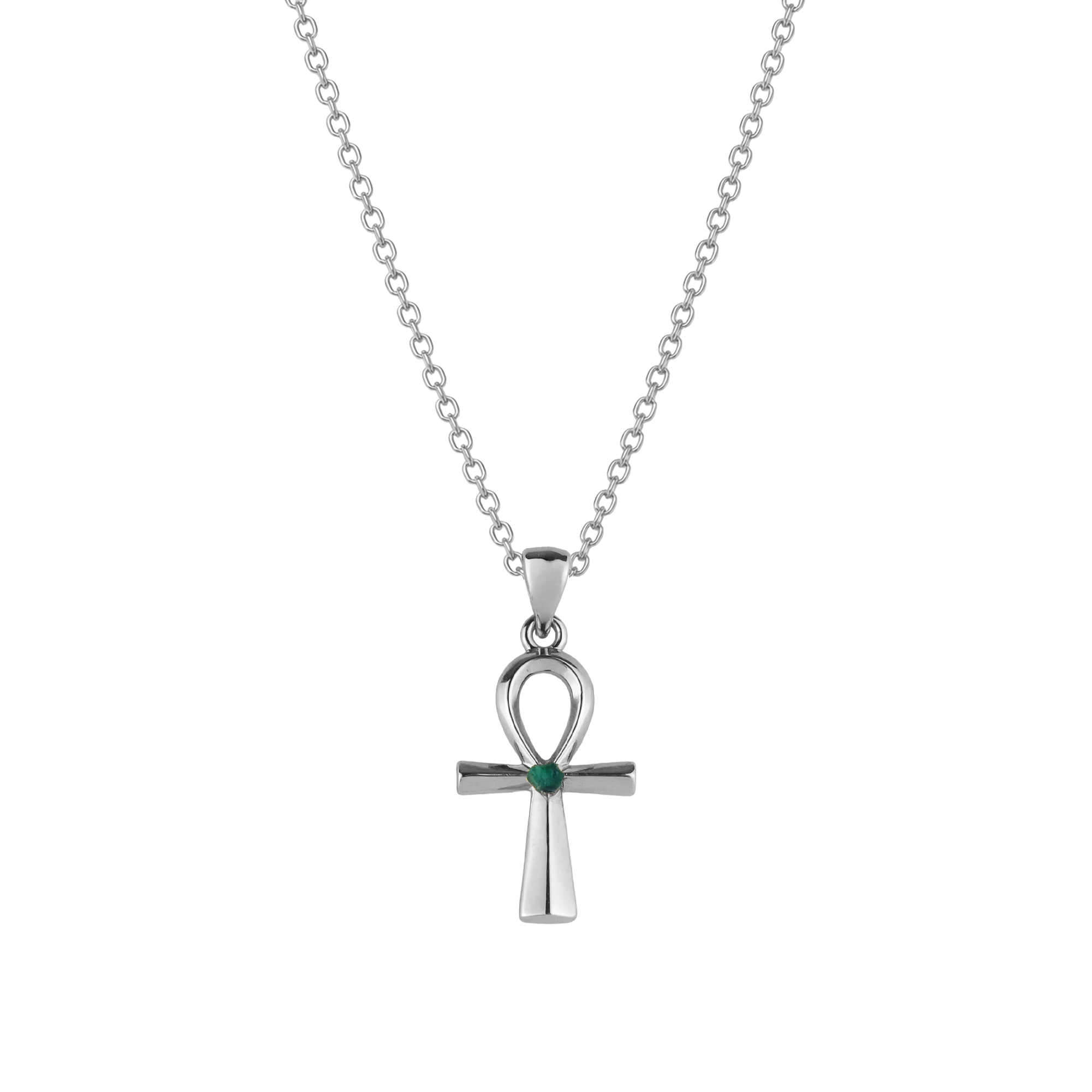 Egyptian Ankh Natural Emerald Silver Filled Necklace