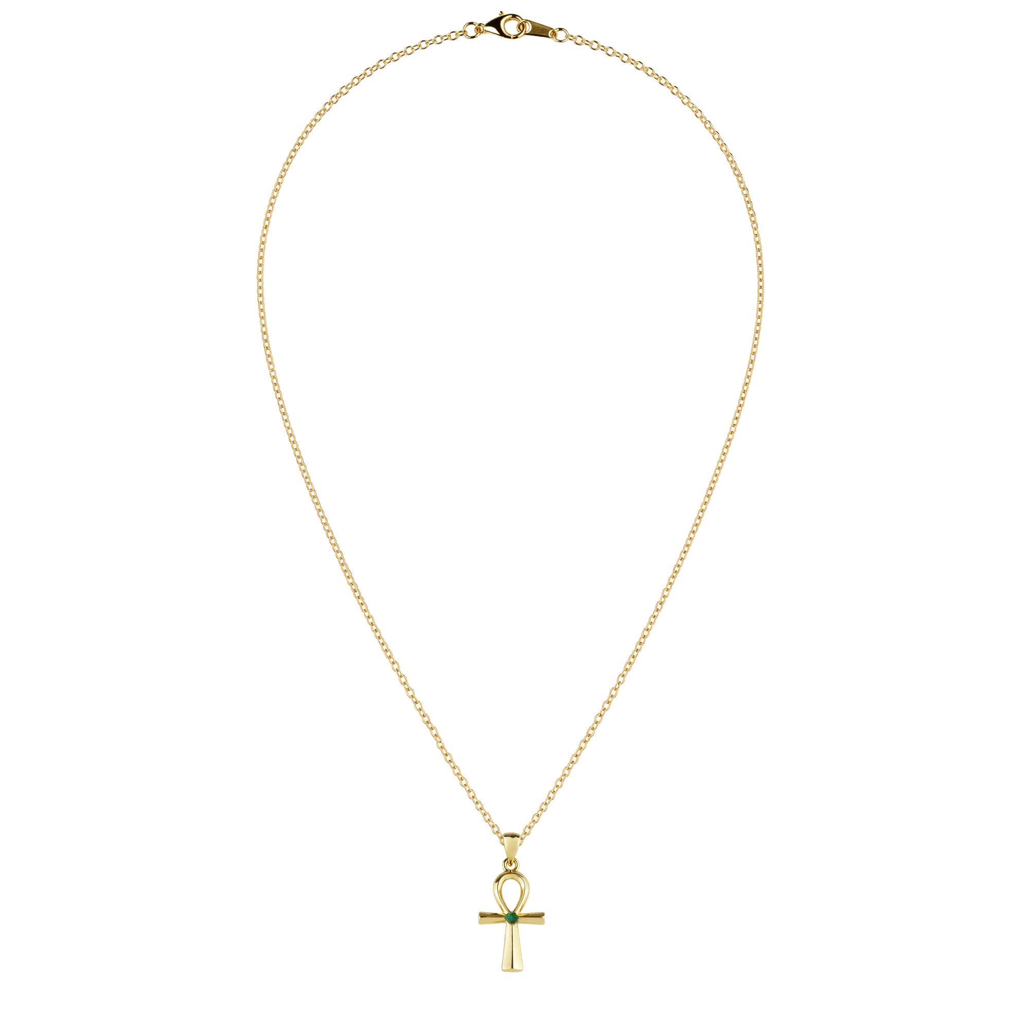 Egyptian Ankh Natural Emerald 24k Gold Plated Necklace
