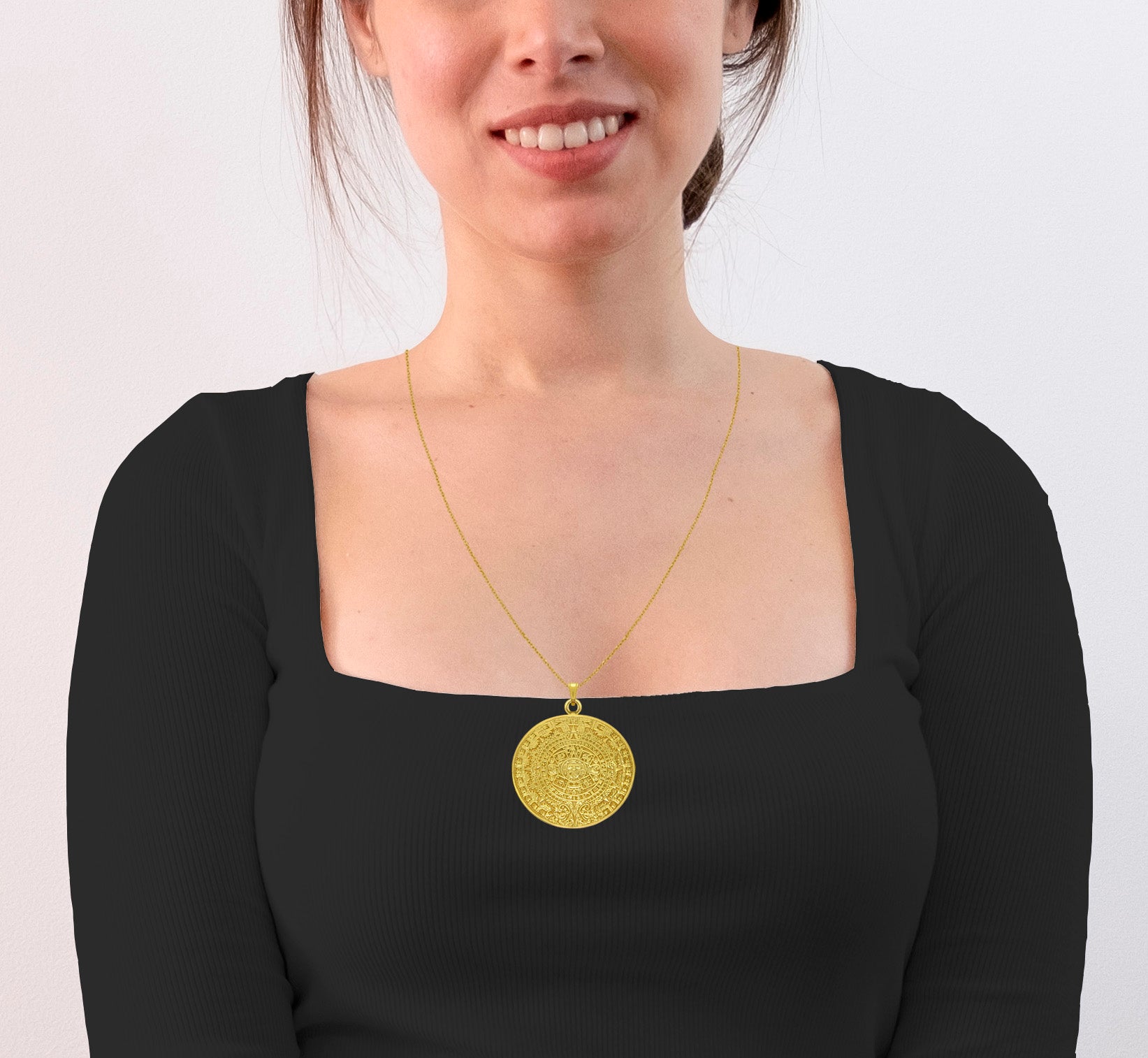 Aztec Calendar 2" Pendant 29" Necklace