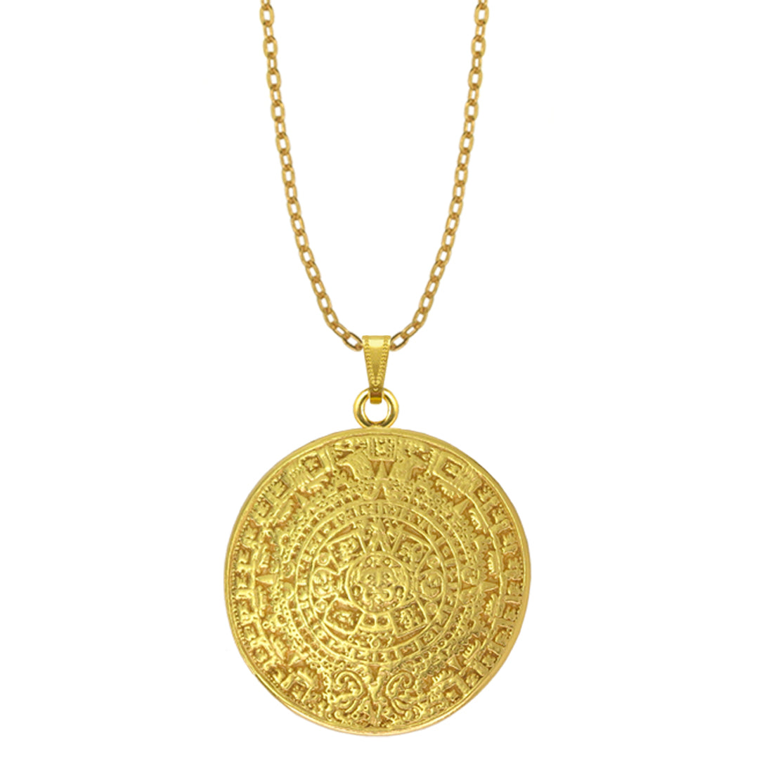Aztec Solar Calendar 24k GP Pendant Necklace Multiple Sizes