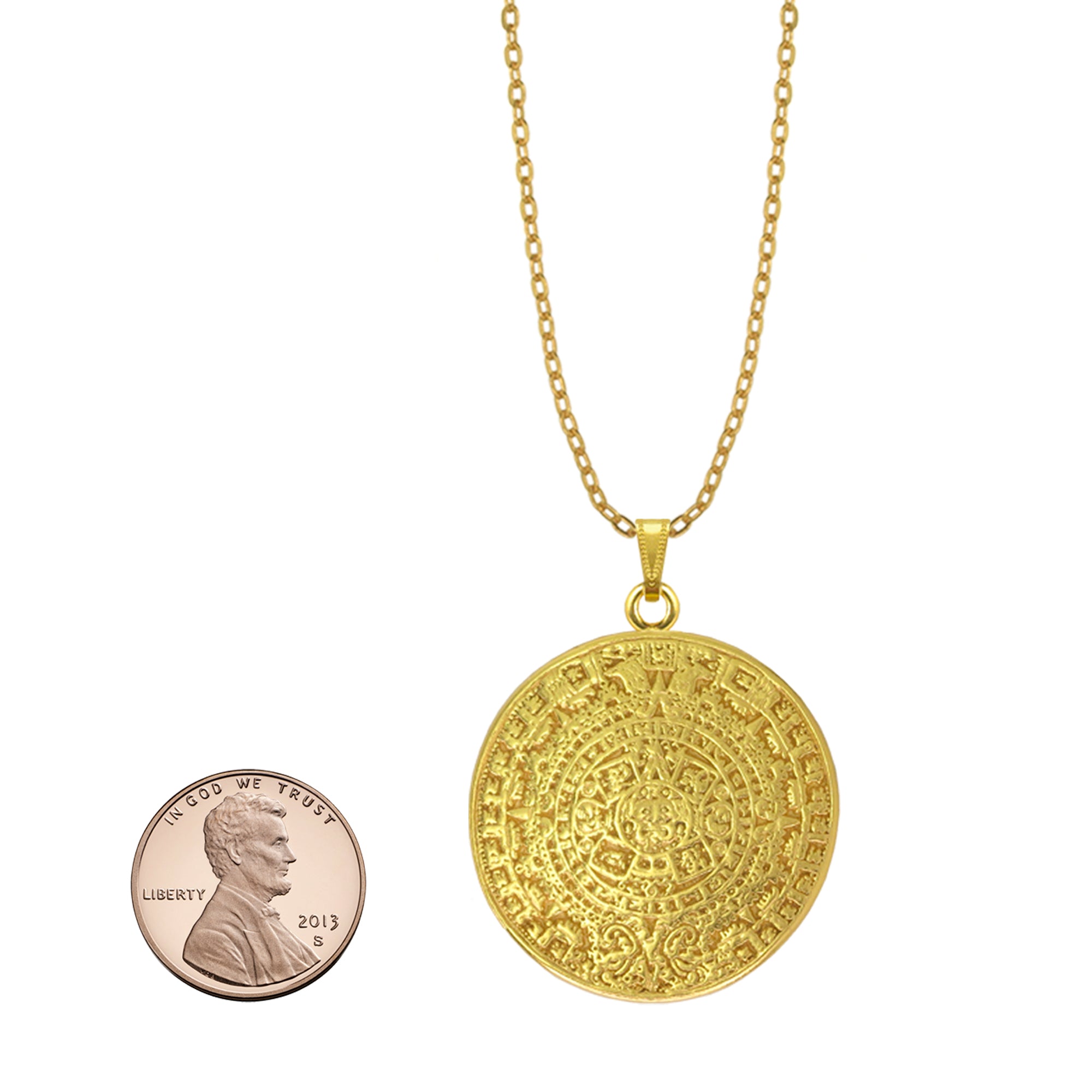 Aztec Solar Calendar 24k GP Pendant Necklace Multiple Sizes