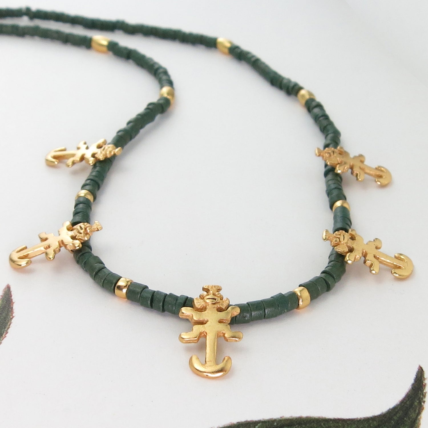 Jaguar Charms and Dark Green Ceramics 18" Necklace