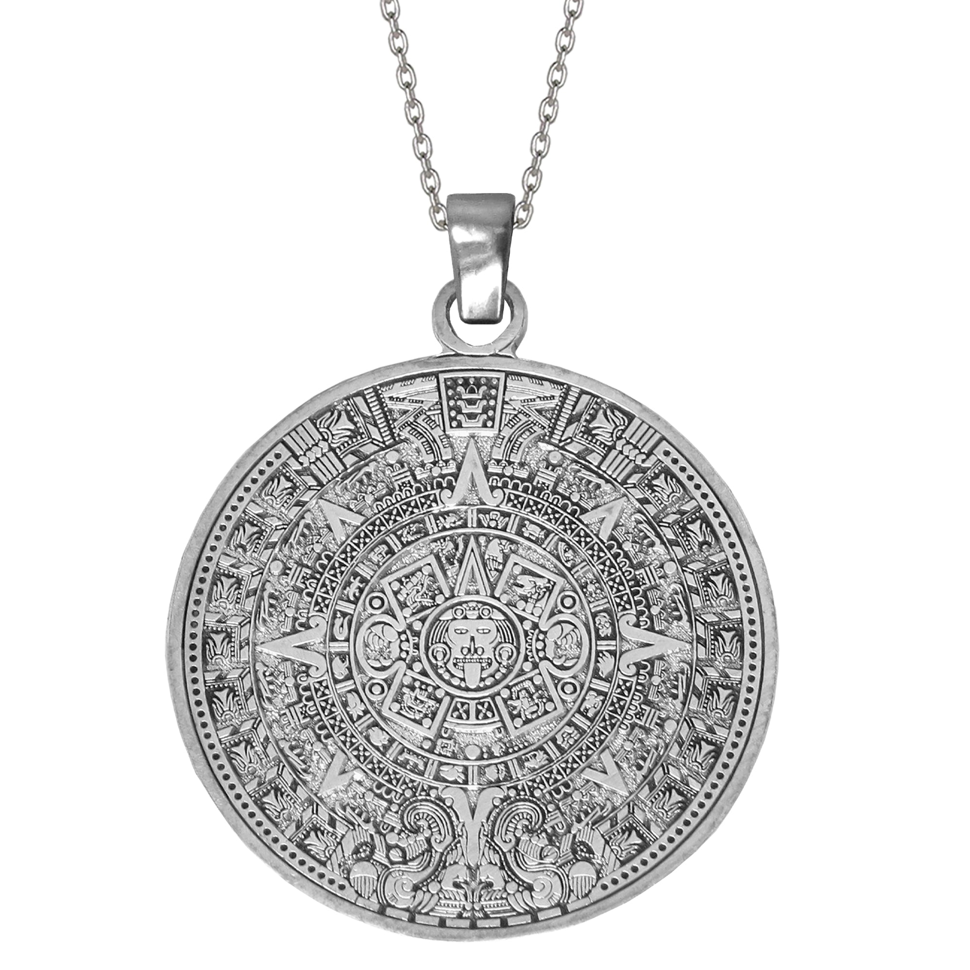 Aztec Solar Calendar .950 Silver 1" Pendant SS Chain