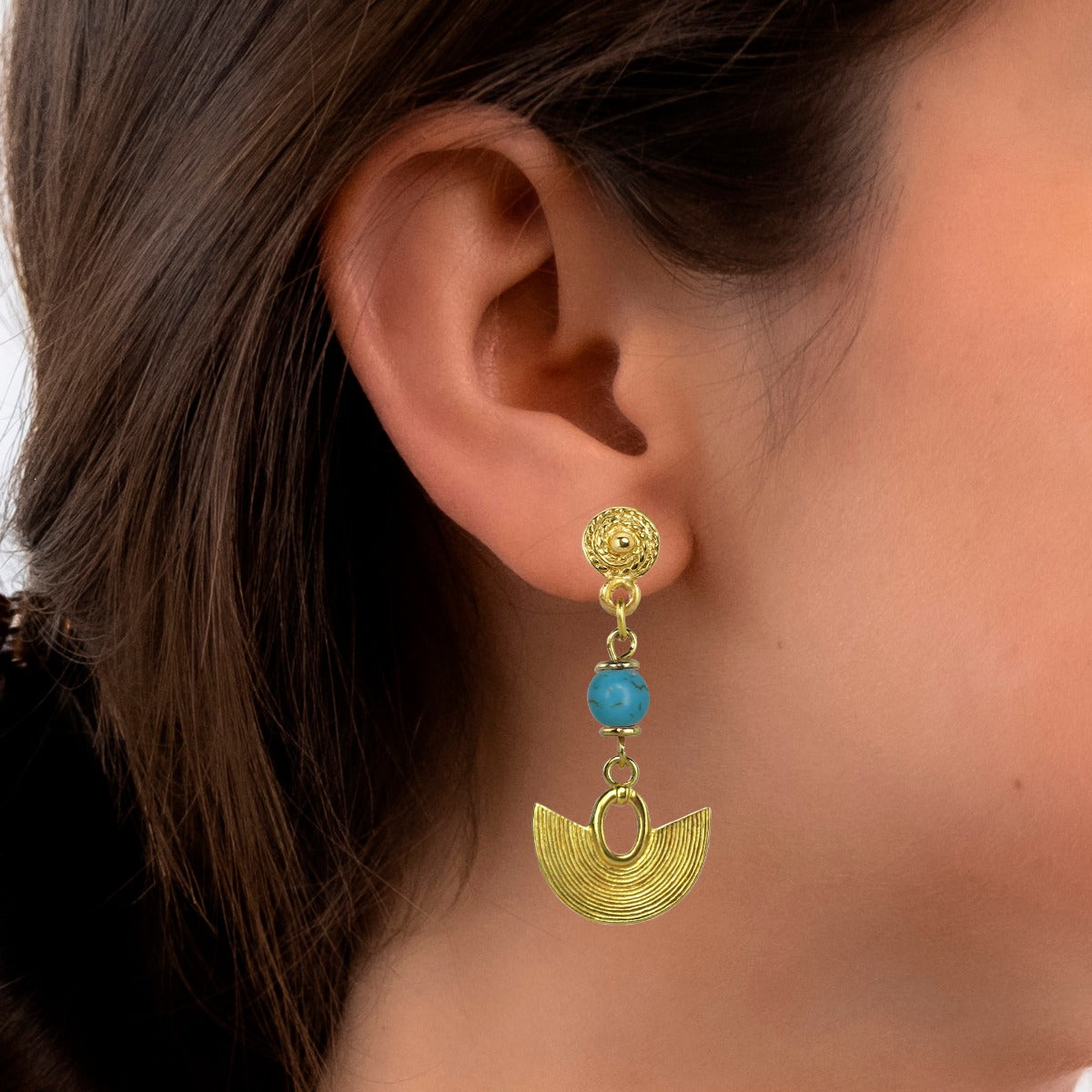 Sinu Striped Crescent with Compressed Turquoises 1.75" Dangle Earrings