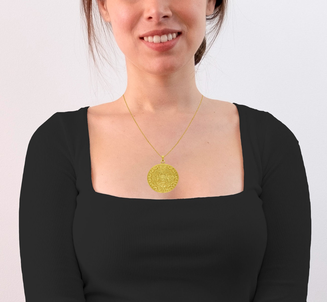 Aztec Solar Calendar 24k GP 1.7" Pendant Necklace