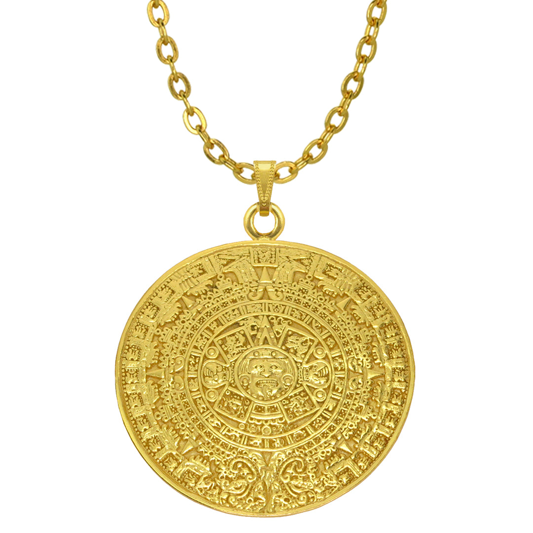 Aztec Solar Calendar 24k GP 1.7" Pendant Necklace