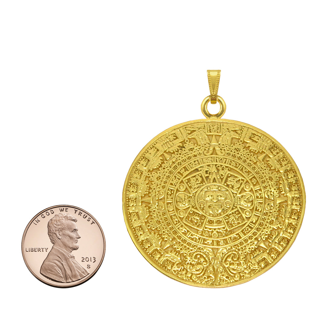 Aztec Solar Calendar 24k GP 1.7" Pendant Necklace