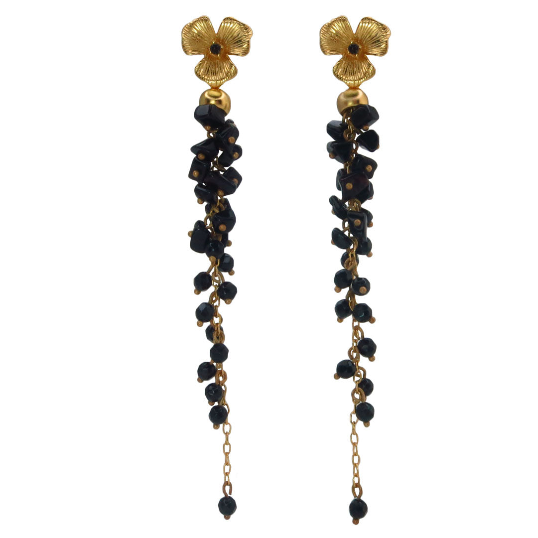 Onyx Cascade Gold Flower Dangle 24k Gold Plated Earrings
