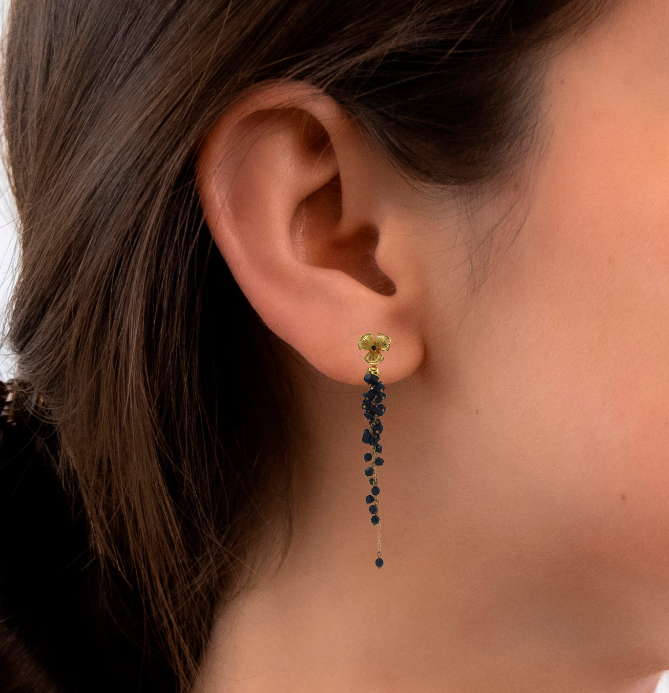 Onyx Cascade Gold Flower Dangle 24k Gold Plated Earrings