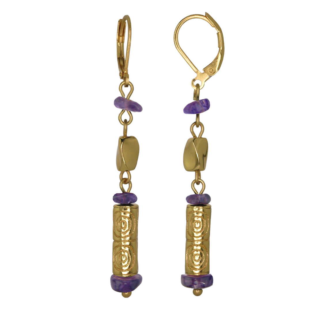 Amethyst and Golden Beads Dangle Earrings