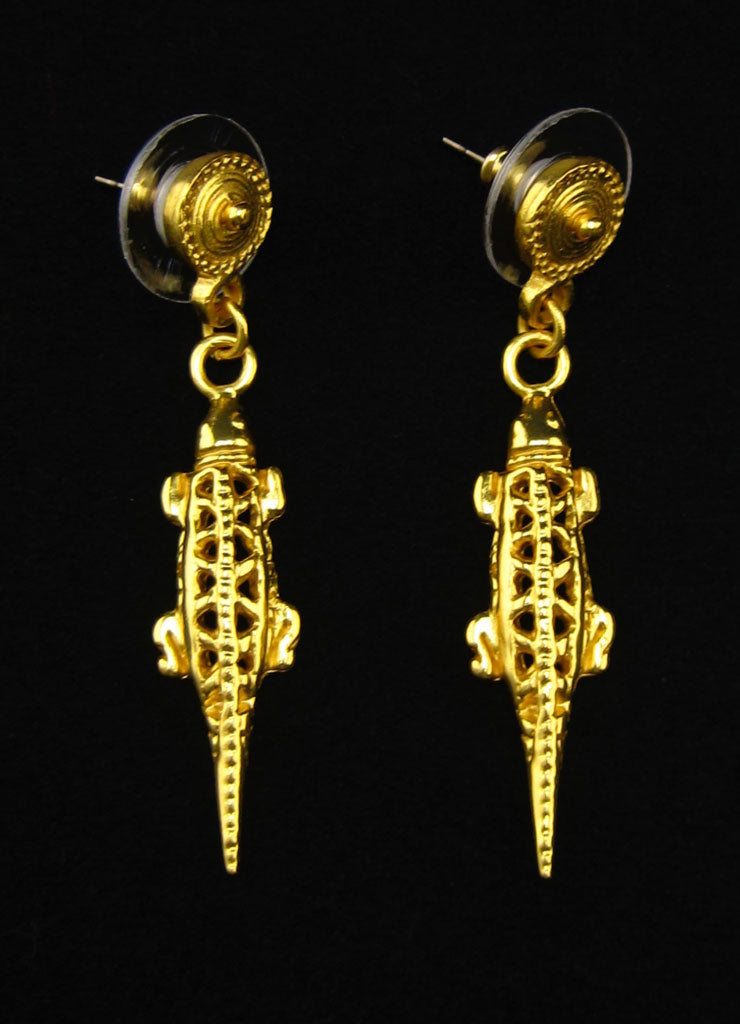 Pre-Columbian Quimbaya Carved Lizard Dangle (S) Earrings