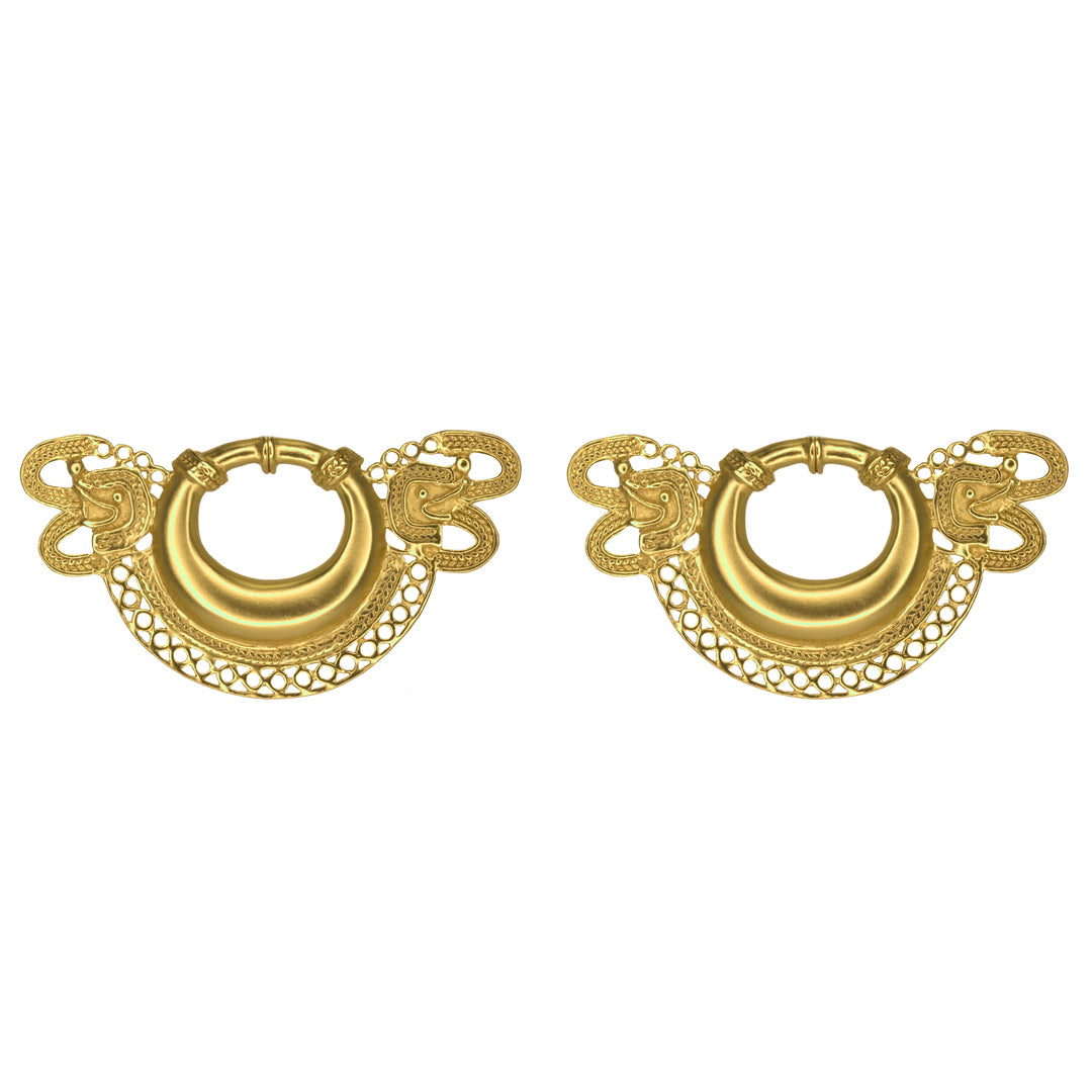 Tairona Embossed Ornament with two Animal Heads Drop Earrings