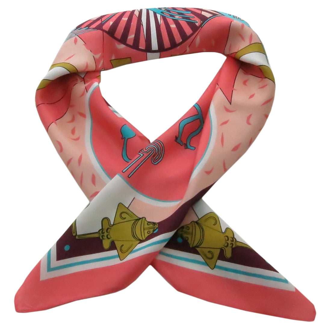 Golden Jet and Nazca Lines Coral Twill Silk Scarf by Across The Puddle