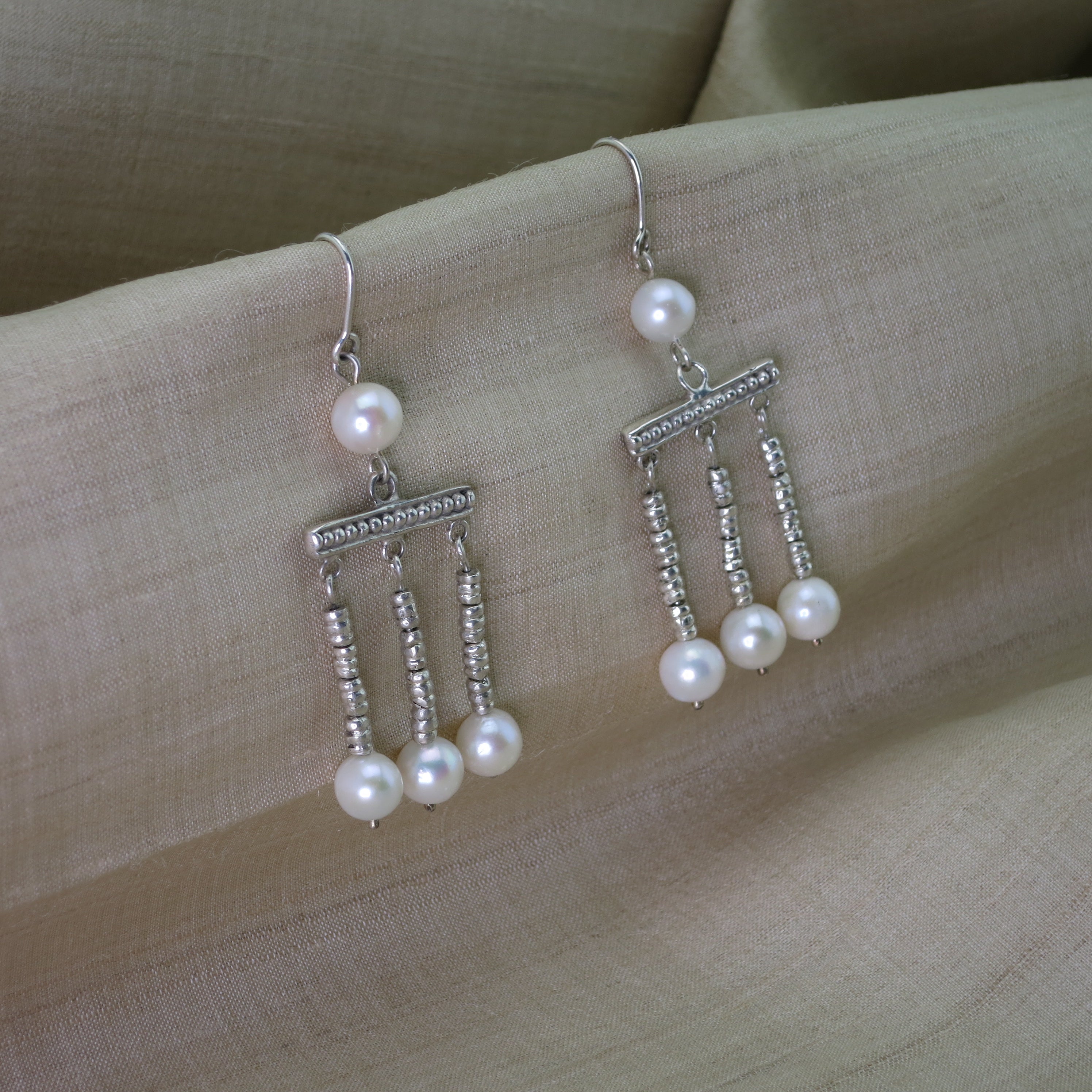 .950 Silver Roman Crotalia Pearl 2.5" Dangle Earrings