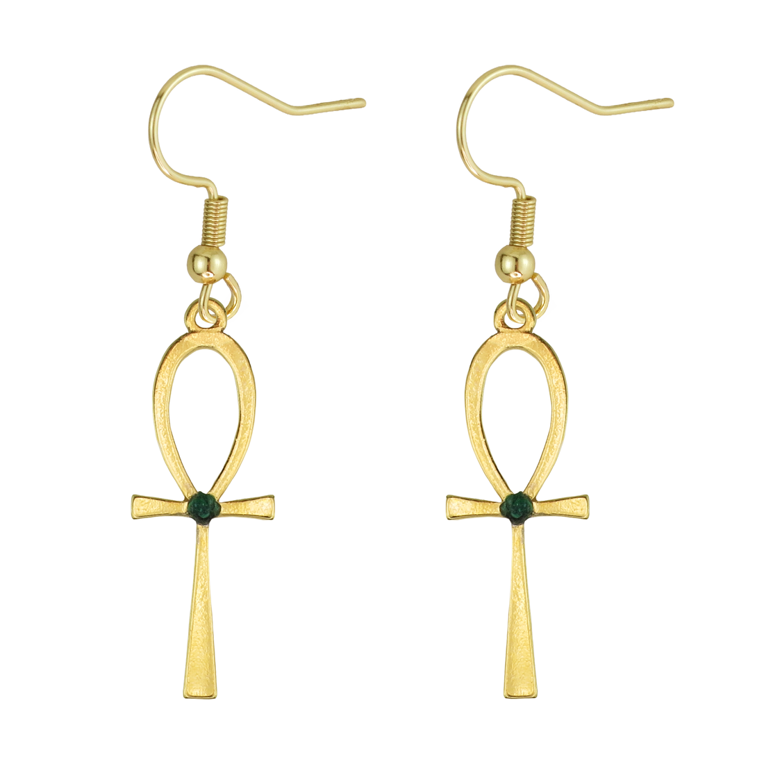 Egyptian Ankh Natural Emerald 24k Gold Plated Earrings