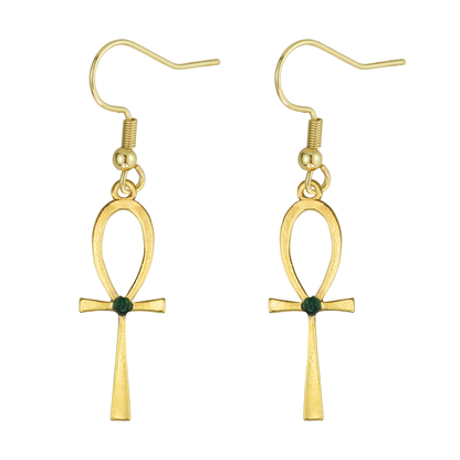 Egyptian Ankh Natural Emerald 24k Gold Plated Earrings
