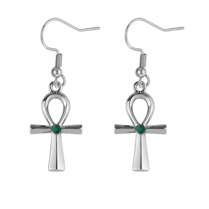 Egyptian Ankh Natural Emerald 24k Gold Plated Earrings