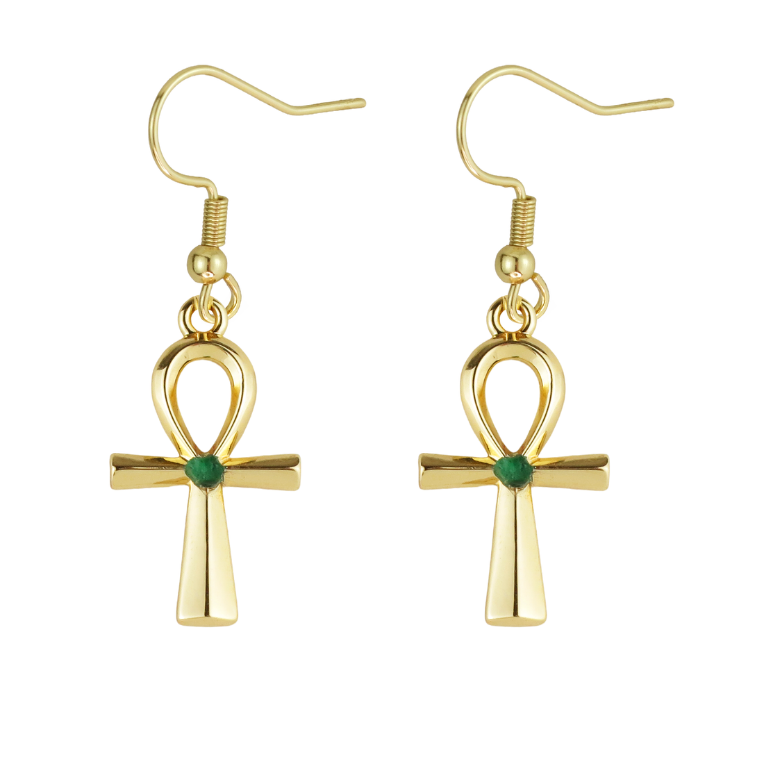 Egyptian Ankh Natural Emerald Silver Filled Earrings