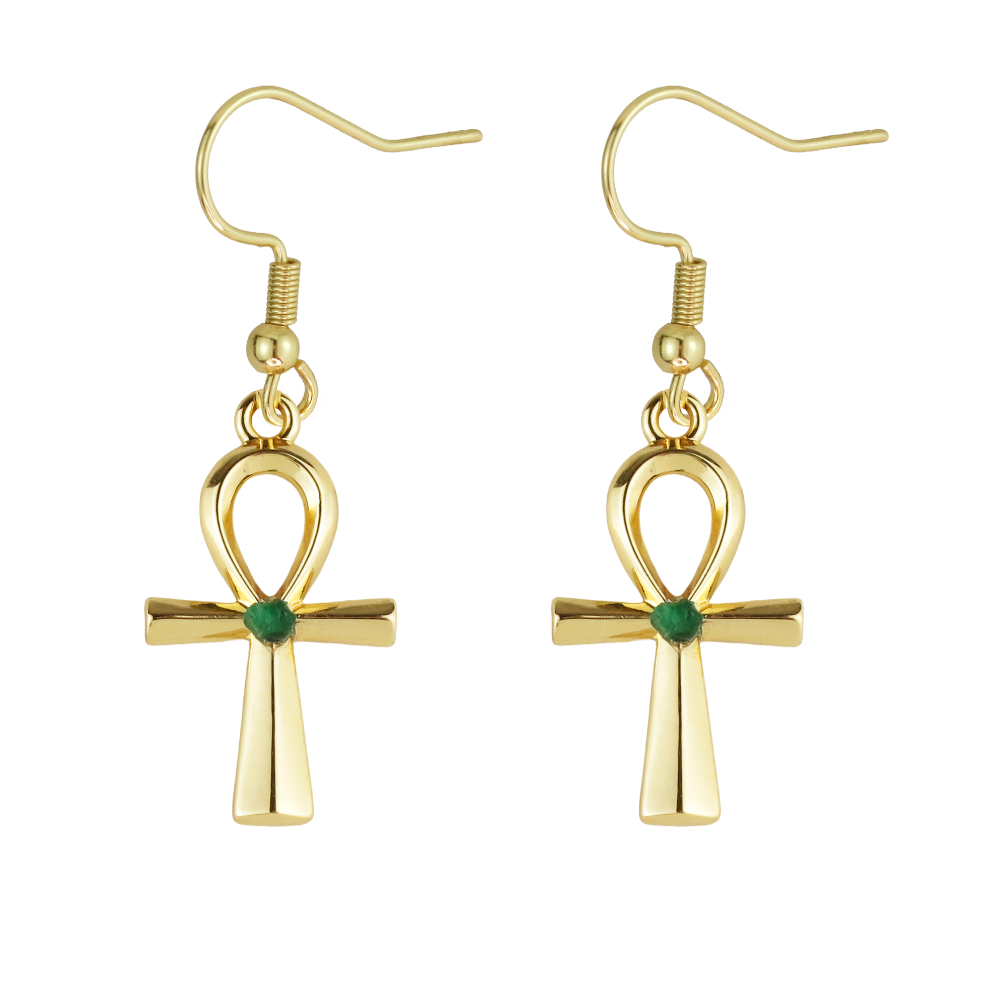 Egyptian Ankh Natural Emerald Silver Filled Earrings