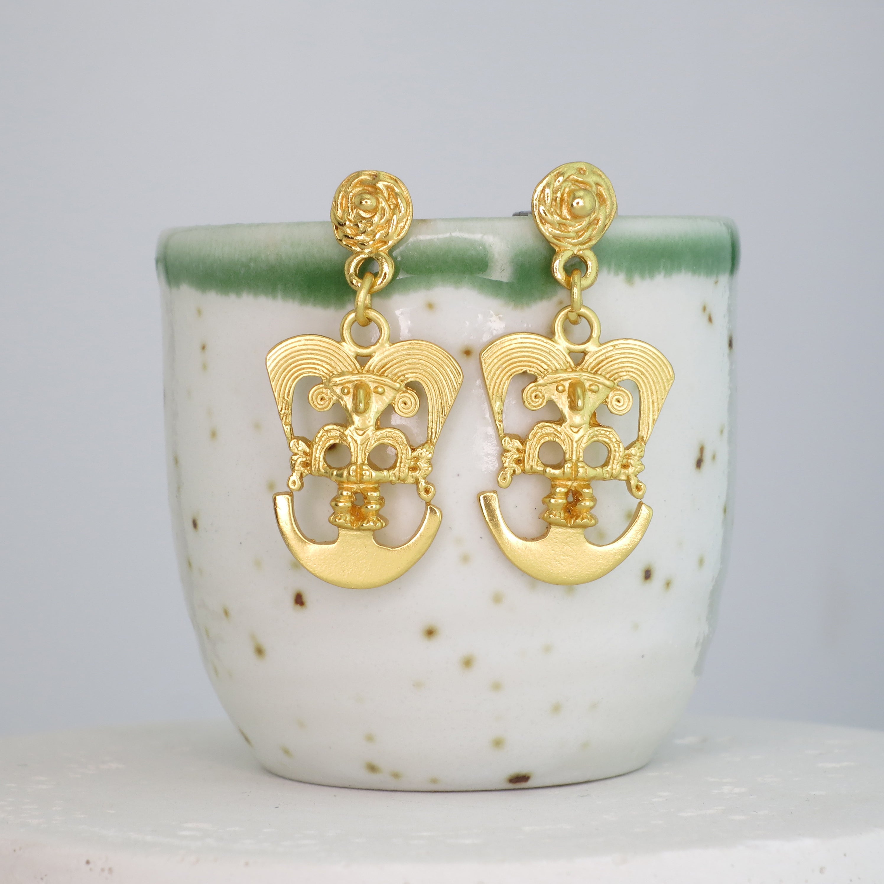 Precolumbian Bird on a Half Moon Dangle Earrings