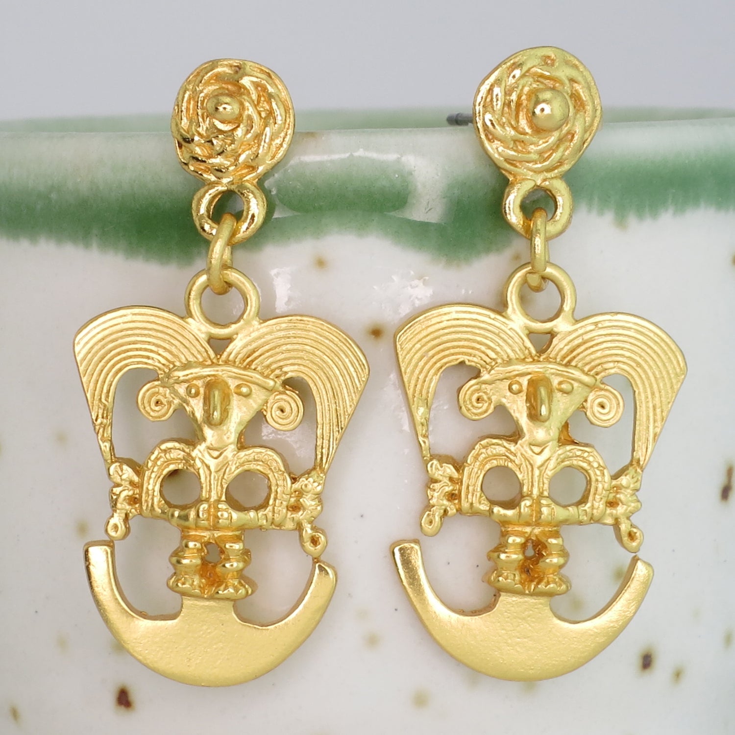 Precolumbian Bird on a Half Moon Dangle Earrings