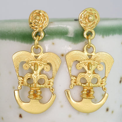 Precolumbian Bird on a Half Moon Dangle Earrings