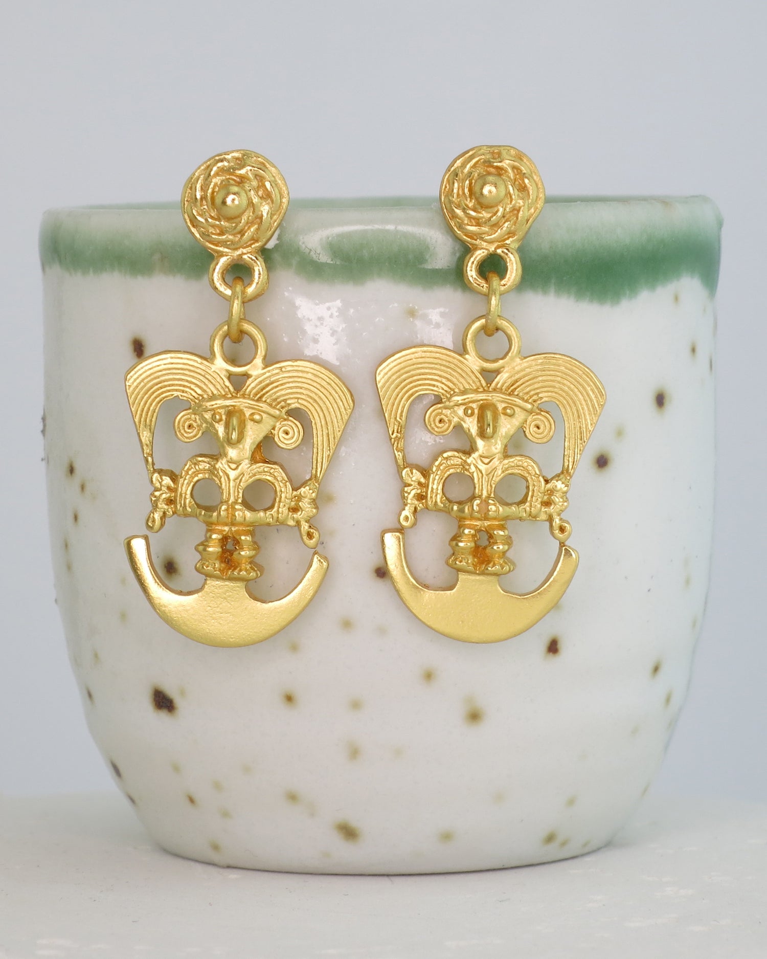 Precolumbian Bird on a Half Moon Dangle Earrings