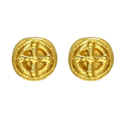 Carved Coin 24k GP Stud Earrings