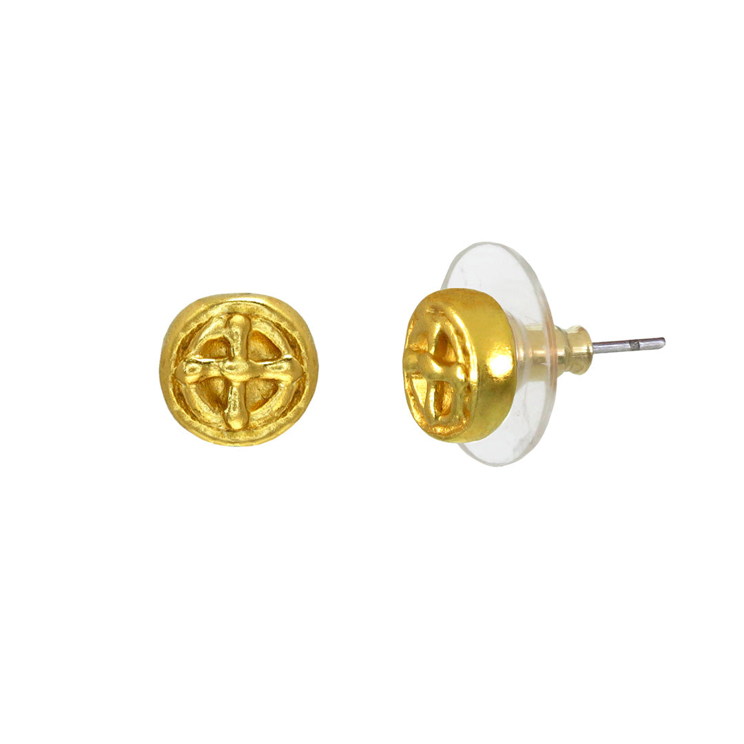 Carved Coin 24k GP Stud Earrings