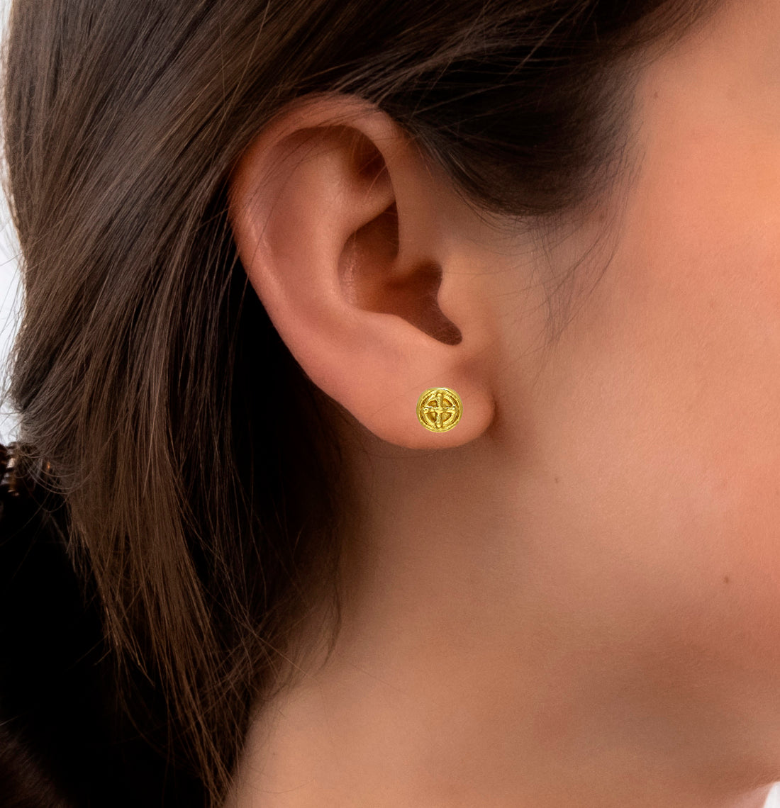 Carved Coin 24k GP Stud Earrings