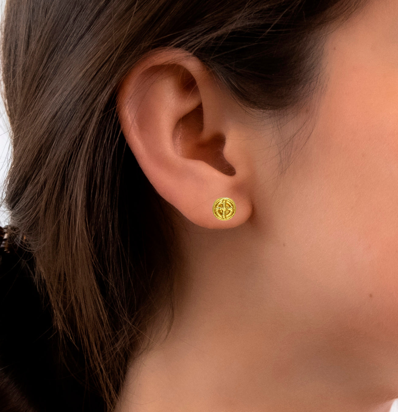 Carved Coin 24k GP Stud Earrings