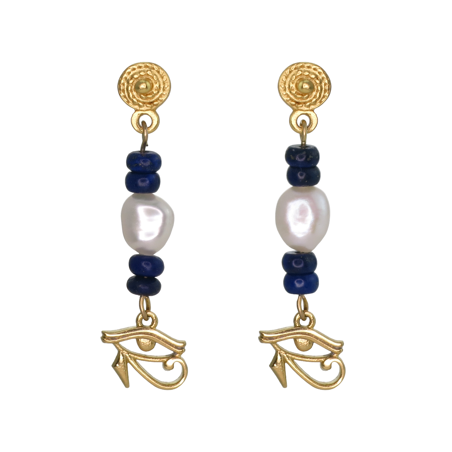 Egyptian Eye of Horus Lapis Pearl Dangle Earrings
