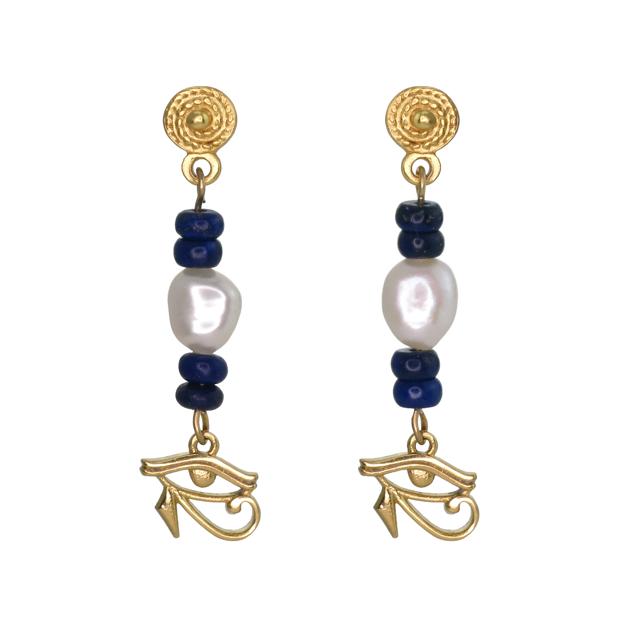 Egyptian Eye of Horus Lapis Pearl Dangle Earrings