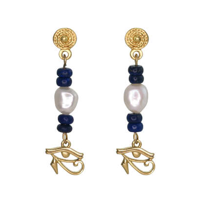Egyptian Eye of Horus Lapis Pearl Dangle Earrings