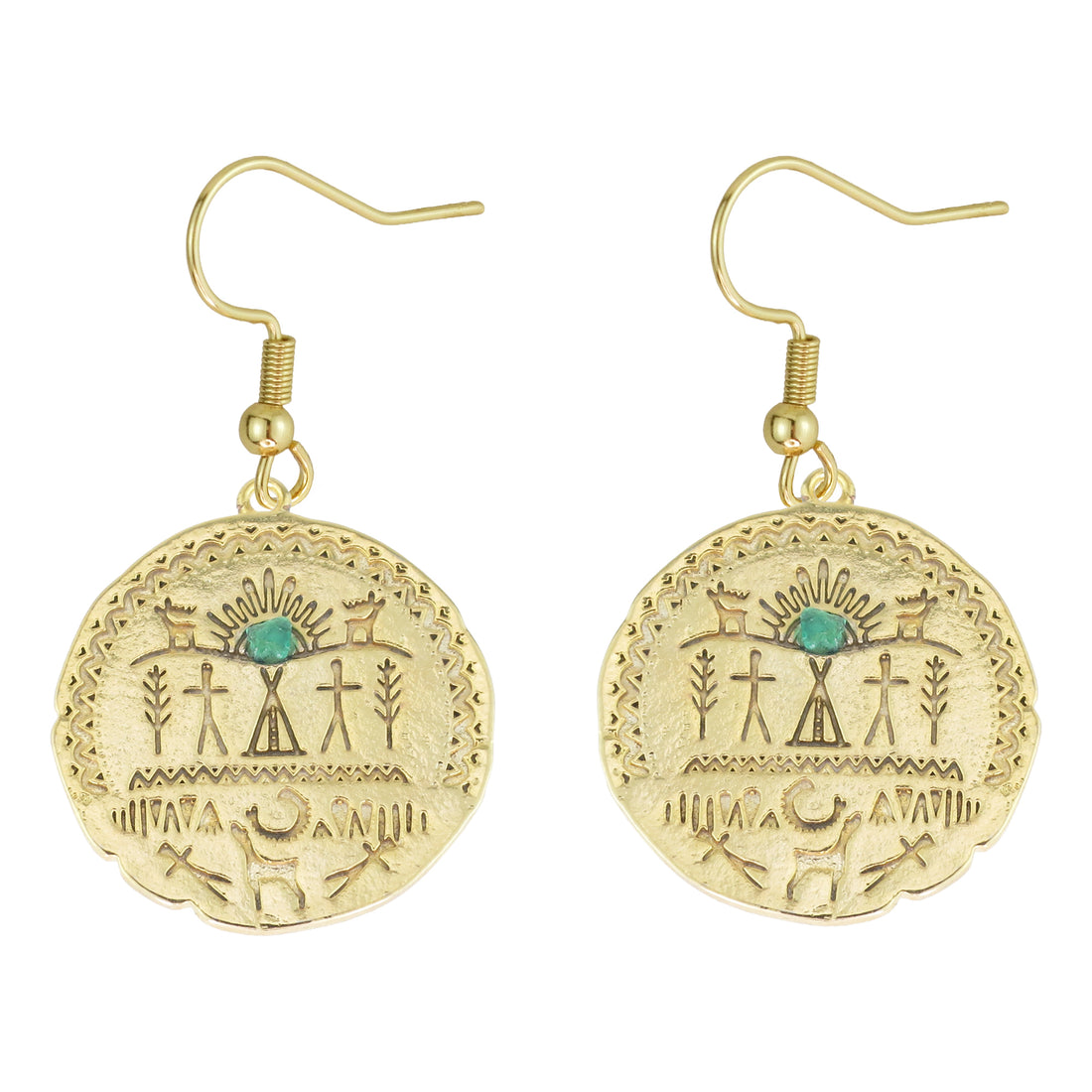 Egyptian Medallion Natural Emerald 24k Gold Plated Earrings