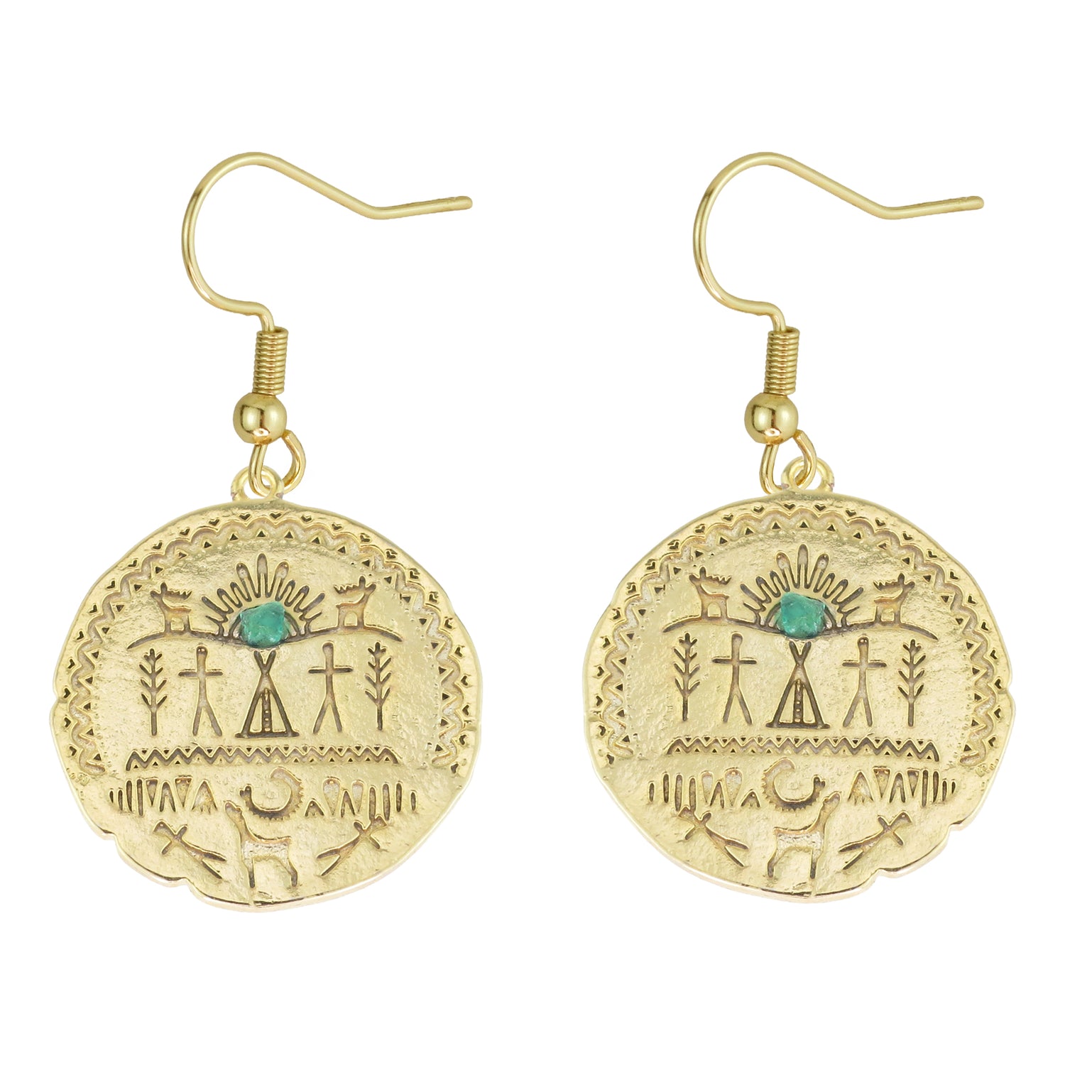 Egyptian Medallion Natural Emerald 24k Gold Plated Earrings