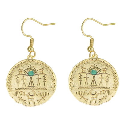 Egyptian Medallion Natural Emerald 24k Gold Plated Earrings
