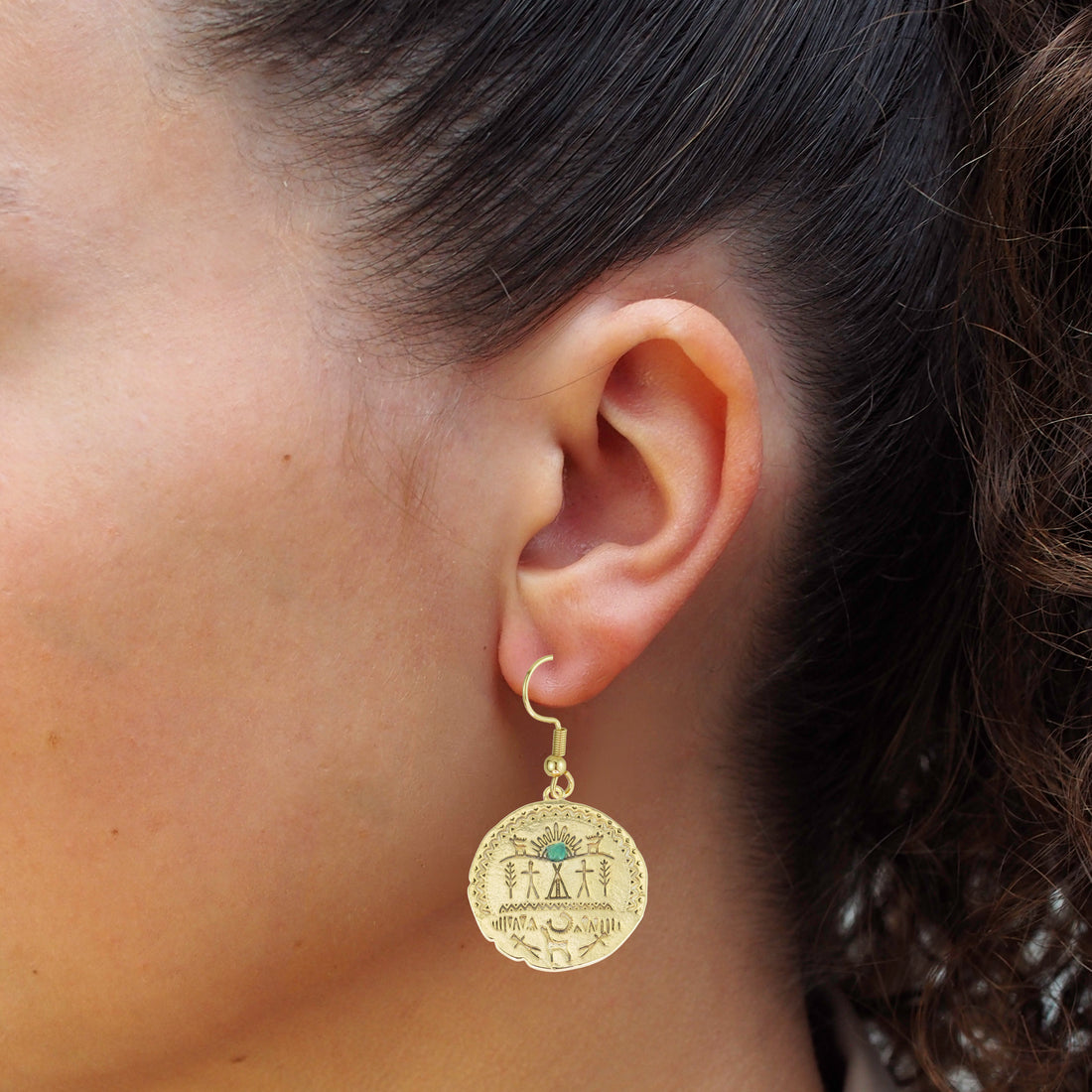 Egyptian Medallion Natural Emerald 24k Gold Plated Earrings