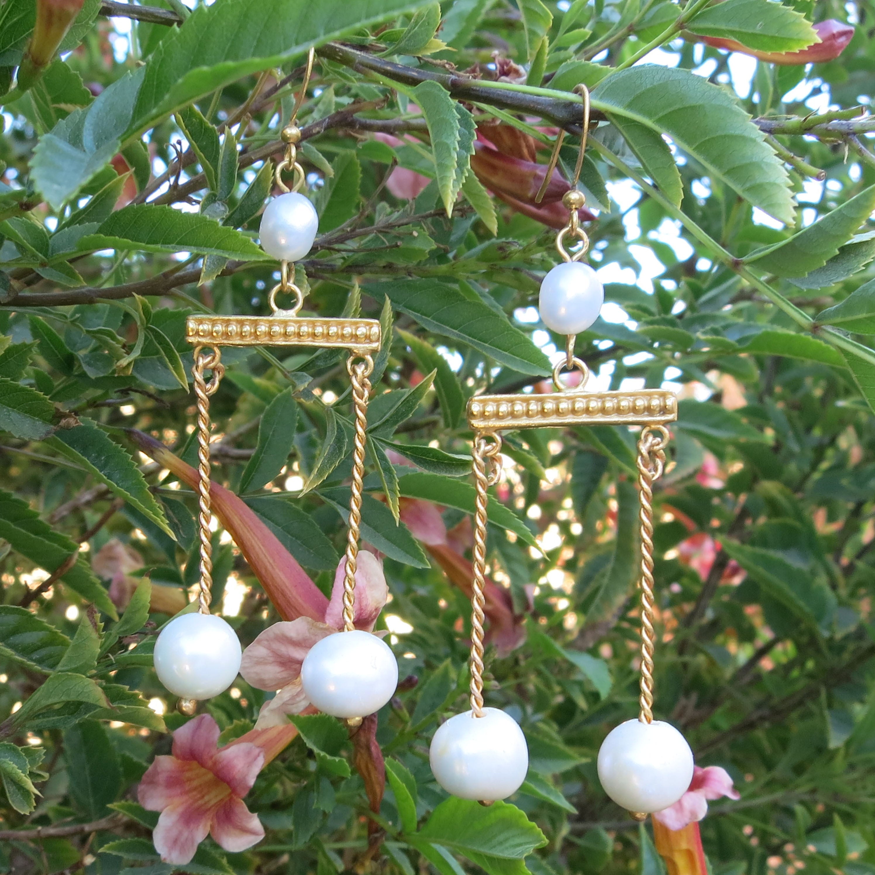 Large Crotalia Earrings with Twisted Bars and Pearls