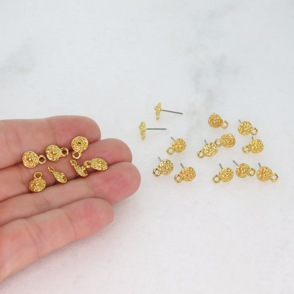 20pcs 24k Gold Plated 7mm Flower Ear Post with Open Ring and Stainless Steel Pin