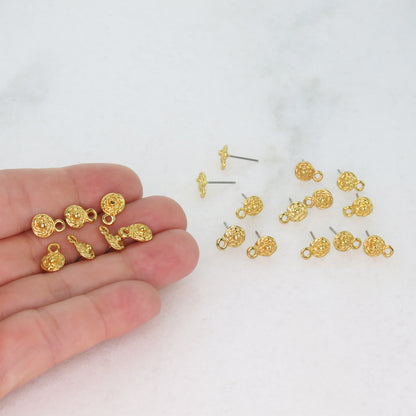 20pcs 24k Gold Plated 7mm Flower Ear Post with Open Ring and Stainless Steel Pin