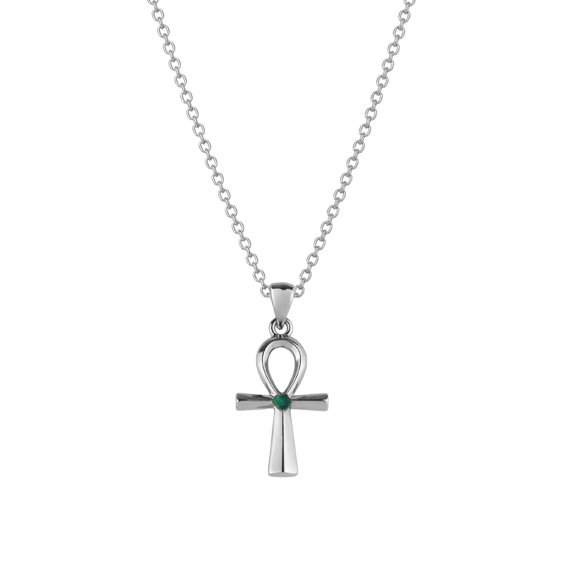 Egyptian Ankh Natural Emerald Silver Filled Necklace