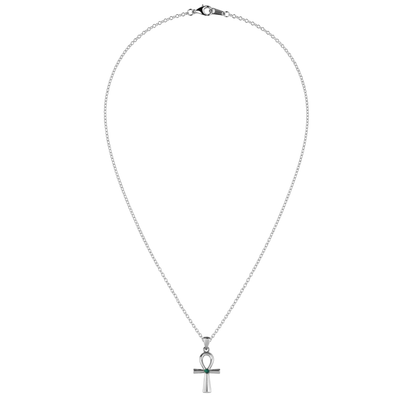 Egyptian Ankh Natural Emerald Silver Filled Necklace