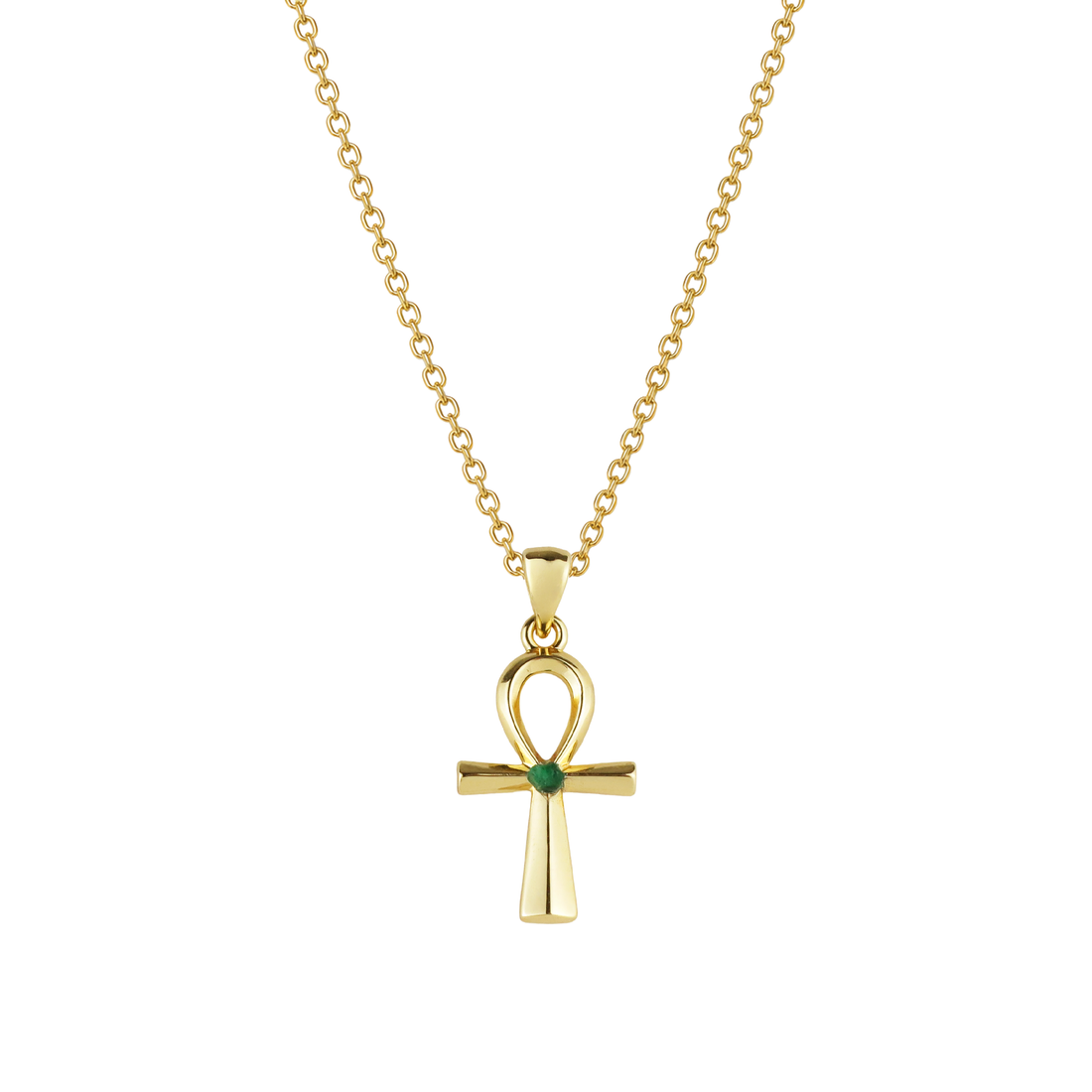 Egyptian Ankh Natural Emerald 24k Gold Plated Necklace