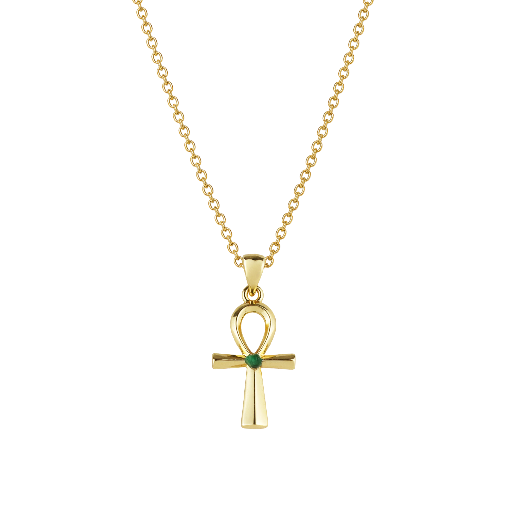 Egyptian Ankh Natural Emerald 24k Gold Plated Necklace