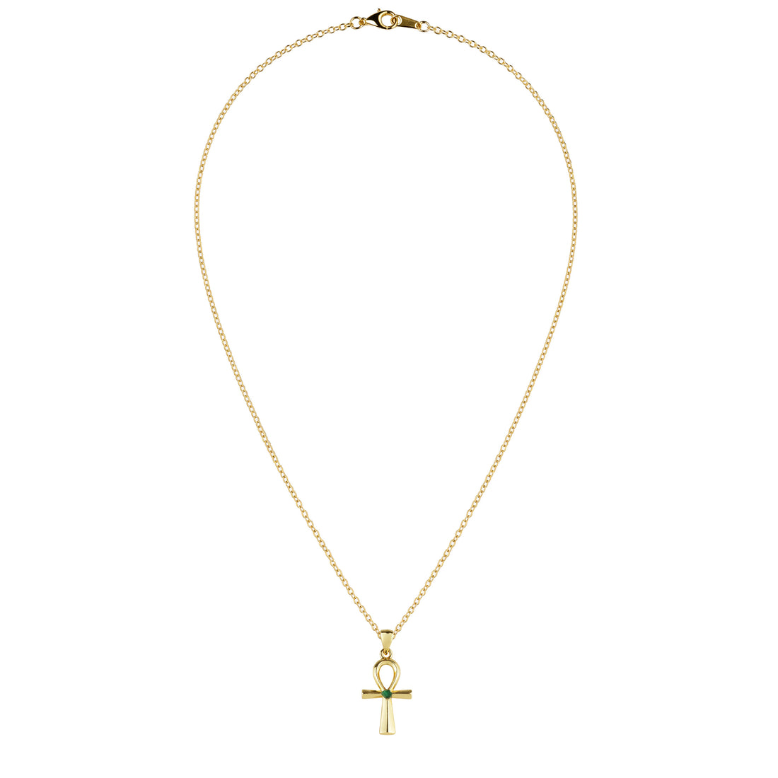 Egyptian Ankh Natural Emerald 24k Gold Plated Necklace
