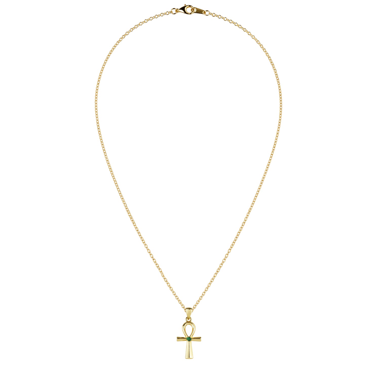 Egyptian Ankh Natural Emerald 24k Gold Plated Necklace